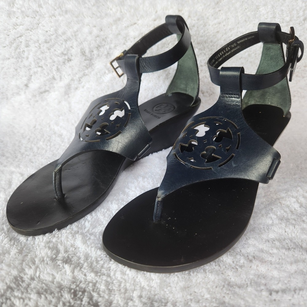 Tory Burch Miller Wedge Sandals Navy Blue Leather Ankle Strap Logo 5M Brazil